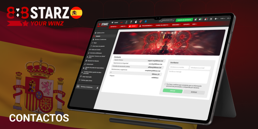 Canales disponibles para comunicarse con 888starz